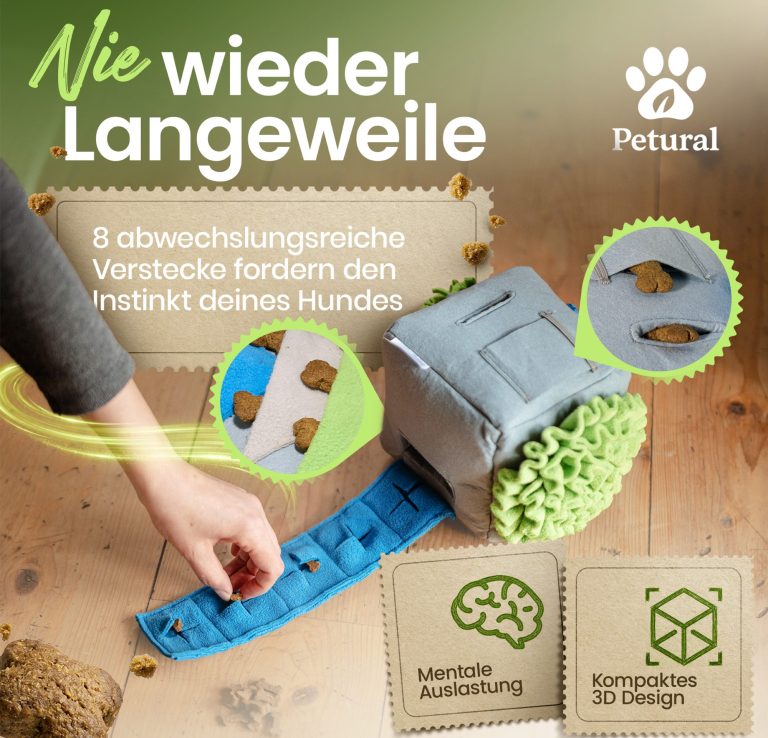 Sniffix im Detail: Leckerlis in der blauen Stofftasche sowie in Schlaufen und Schnüffelflächen verstecken.